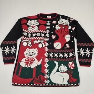 VTG Christmas Sweater Womens M Cat Kitten Kitty Holiday Made in USA Red Grandma